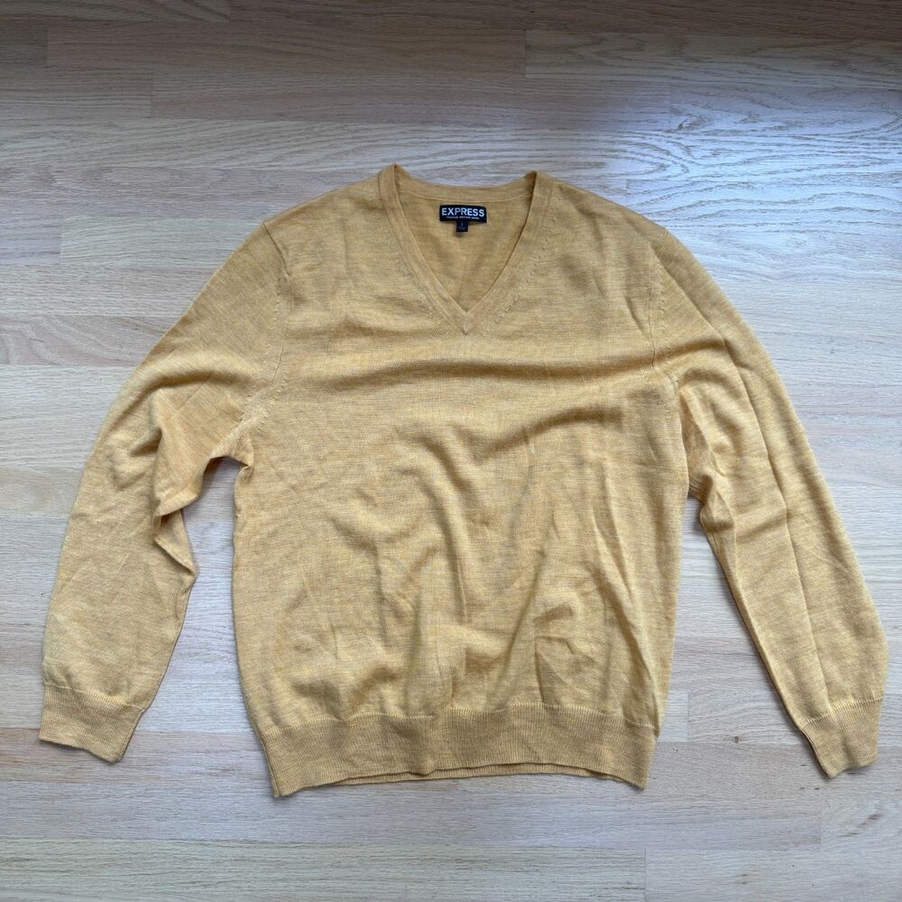 Express 100% Italian Merino Wool V-Neck Sweater Golden Yellow Men’s L